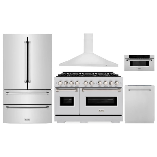 ZLINE 5-Piece Appliance Package - 48-Inch Classic Gas Range, Wall Mount Range Hood, 36-Inch French Door Refrigerator, Dishwasher, and 30-Inch Microwave Drawer in Stainless Steel