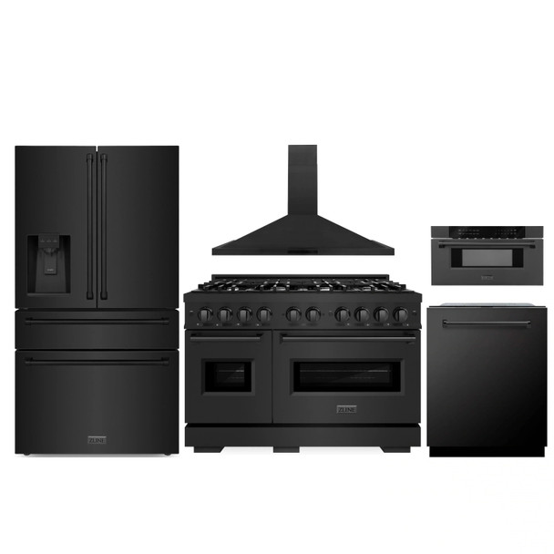 ZLINE 5-Piece Appliance Package - 48-Inch Classic Gas Range, Wall Mount Range Hood, 36-Inch French Door Refrigerator with Water Dispenser, Dishwasher, and 30-Inch Microwave Drawer in Black Stainless Steel