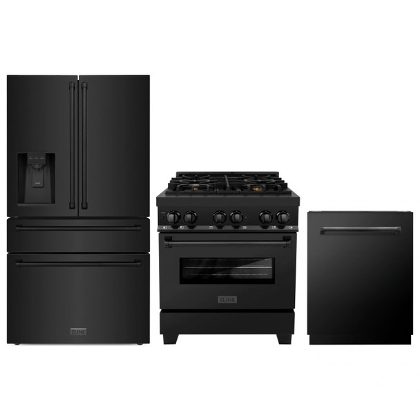 ZLINE 3-Piece Appliance Package - 30-Inch Legacy Dual Fuel Range, 36-Inch French Door Refrigerator with Water Dispenser, Dishwasher, in Black Stainless Steel
