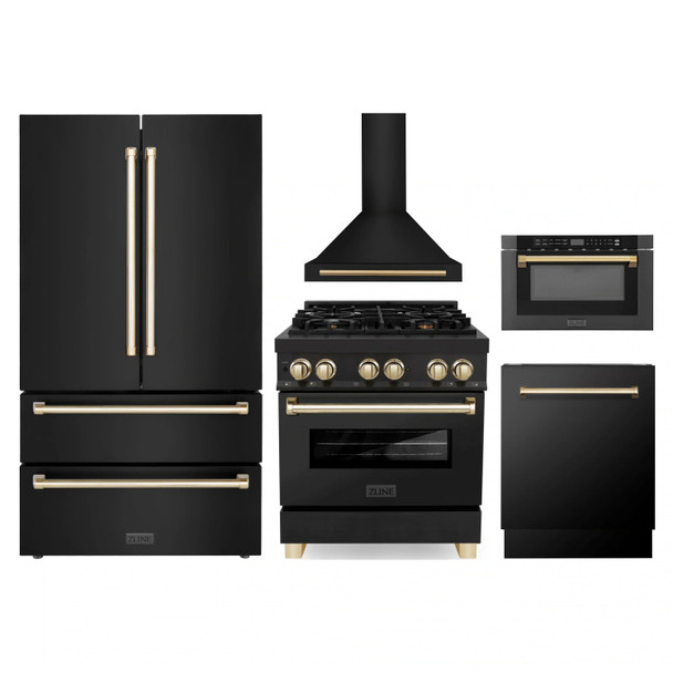 ZLINE 5-Piece Appliance Package - 30-Inch Legacy Dual Fuel Range, Wall Mount Range Hood, 36-Inch French Door Refrigerator, Dishwasher, and 24-Inch Microwave Drawer in Black Stainless Steel with Gold Accents