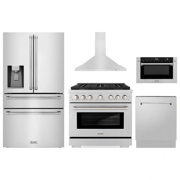ZLINE 5-Piece Appliance Package - 36-Inch Paramount Dual Fuel Range, Wall Mount Range Hood, 36-Inch French Door Refrigerator with Water Dispenser, Dishwasher, and 24-Inch Microwave Drawer in Stainless Steel