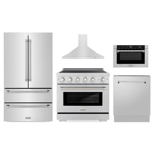 ZLINE 5-Piece Appliance Package - 36-Inch Paramount Induction Range, Wall Mount Range Hood, 36-Inch French Door Refrigerator, Dishwasher, and 24-Inch Microwave Drawer in Stainless Steel