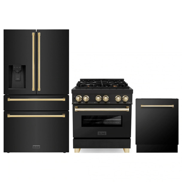 ZLINE 3-Piece Appliance Package - 30-Inch Legacy Dual Fuel Range, 36-Inch French Door Refrigerator with Water Dispenser, Dishwasher, in Black Stainless Steel with Gold Accents