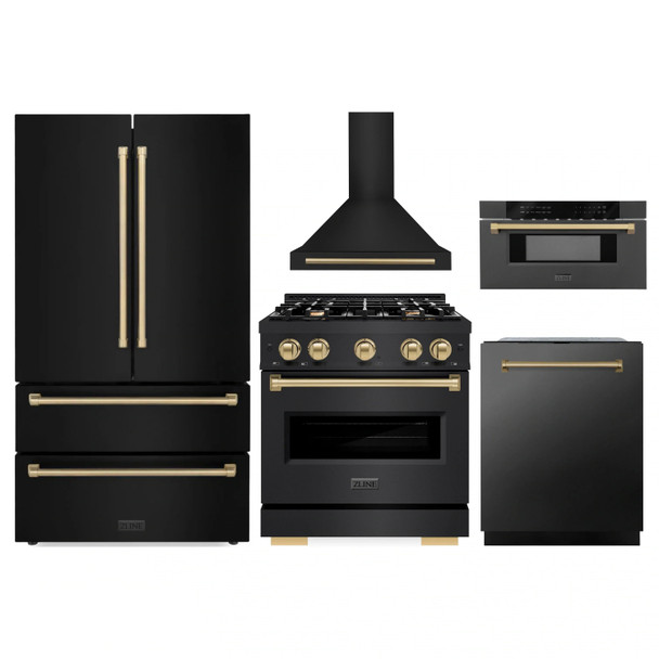 ZLINE 5-Piece Appliance Package - 30-Inch Autograph Edition Dual Fuel Range, Wall Mount Range Hood, 36-Inch French Door Refrigerator, Dishwasher, and 30-Inch Microwave Drawer in Black Stainless Steel with Champagne Bronze Accents