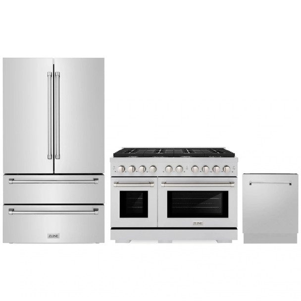 ZLINE 3-Piece Appliance Package - 48-Inch Paramount Gas Range, 36-Inch French Door Refrigerator, Dishwasher, in Stainless Steel