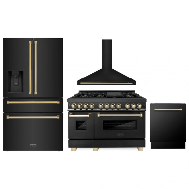 ZLINE 4-Piece Appliance Package - 48-Inch Legacy Dual Fuel Range, Wall Mount Range Hood, 36-Inch French Door Refrigerator with Water Dispenser, Dishwasher, in Black Stainless Steel with Gold Accents