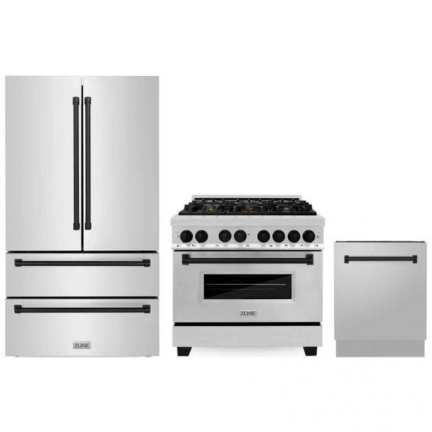 ZLINE 3-Piece Appliance Package - 36-Inch Legacy Autograph Dual Fuel Range, 36-Inch French Door Refrigerator, Dishwasher, in Stainless Steel with Matte Black Accents