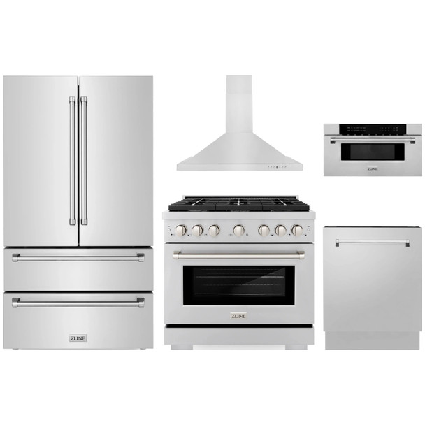 ZLINE 5-Piece Appliance Package - 36-Inch Paramount Gas Range, Wall Mount Range Hood, 36-Inch French Door Refrigerator, Dishwasher, and 30-Inch Microwave Drawer in Stainless Steel