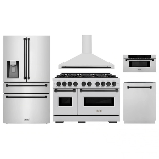 ZLINE 5-Piece Appliance Package - 48-Inch Autograph Edition Dual Fuel Range, Wall Mount Range Hood, 36-Inch French Door Refrigerator with Water Dispenser, Dishwasher, and 30-Inch Microwave Drawer in Stainless Steel Matte Black Accents