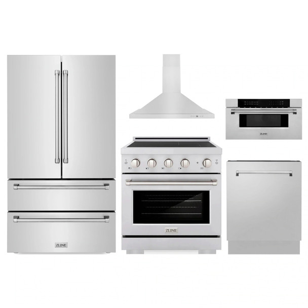 ZLINE 5-Piece Appliance Package - 30-Inch Paramount Induction Range, Wall Mount Range Hood, 36-Inch French Door Refrigerator, Dishwasher, and 30-Inch Microwave Drawer in Stainless Steel