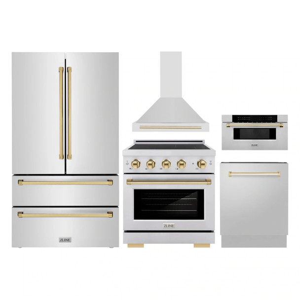 ZLINE 5-Piece Appliance Package - 30-Inch Autograph Induction Range, Wall Mount Range Hood, 36-Inch French Door Refrigerator, Dishwasher, and 30-Inch Microwave Drawer in Stainless Steel with Gold Accents