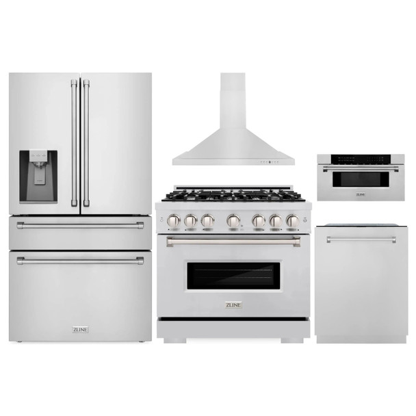 ZLINE 5-Piece Appliance Package - 36-Inch Classic Gas Range, Wall Mount Range Hood, 36-Inch French Door Refrigerator with Water Dispenser, Dishwasher, and 30-Inch Microwave Drawer in Stainless Steel