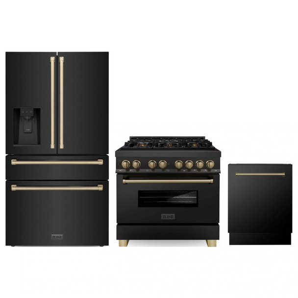 ZLINE 3-Piece Appliance Package - 36-Inch Legacy Dual Fuel Range, 36-Inch French Door Refrigerator with Water Dispenser, Dishwasher, in Black Stainless Steel with Champagne Bronze Accents