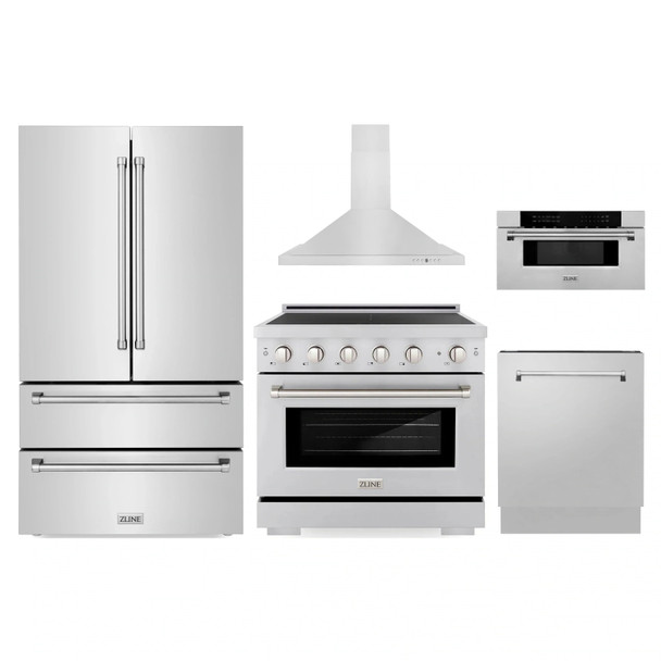 ZLINE 5-Piece Appliance Package - 36-Inch Paramount Induction Range, Wall Mount Range Hood, 36-Inch French Door Refrigerator, Dishwasher, and 30-Inch Microwave Drawer in Stainless Steel