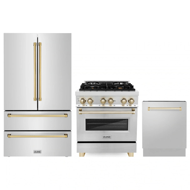 ZLINE 3-Piece Appliance Package - 30-Inch Legacy Autograph Dual Fuel Range, 36-Inch French Door Refrigerator, Dishwasher, in Stainless Steel with Gold Accents