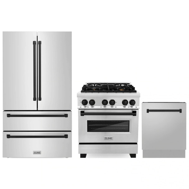 ZLINE 3-Piece Appliance Package - 30-Inch Legacy Autograph Dual Fuel Range, 36-Inch French Door Refrigerator, Dishwasher, in Stainless Steel with Matte Black Accents