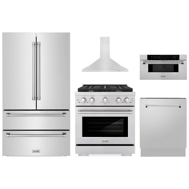 ZLINE 5-Piece Appliance Package - 30-Inch Paramount Gas Range, Wall Mount Range Hood, 36-Inch French Door Refrigerator, Dishwasher, and 30-Inch Microwave Drawer in Stainless Steel