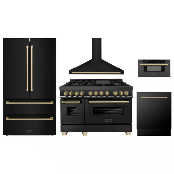 ZLINE 5-Piece Appliance Package - 48-Inch Legacy Dual Fuel Range, Wall Mount Range Hood, 36-Inch French Door Refrigerator, Dishwasher, and 30-Inch Microwave Drawer in Black Stainless Steel with Champagne Bronze Accents