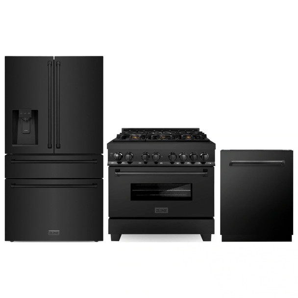 ZLINE 3-Piece Appliance Package - 36-Inch Legacy Dual Fuel Range, 36-Inch French Door Refrigerator with Water Dispenser, Dishwasher, in Black Stainless Steel