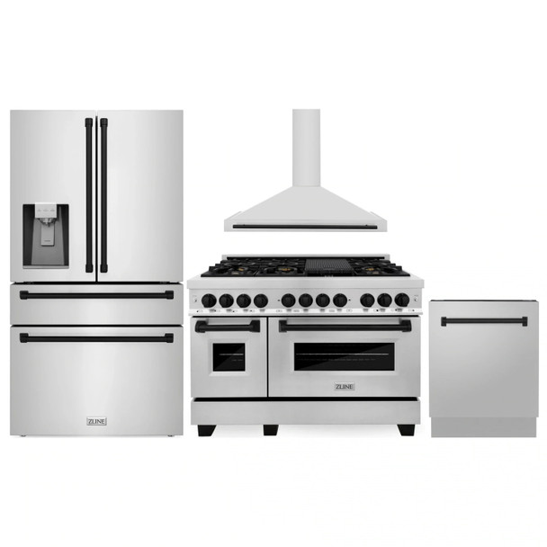 ZLINE 4-Piece Appliance Package - 48-Inch Legacy Autograph Dual Fuel Range, Wall Mount Range Hood, 36-Inch French Door Refrigerator with Water Dispenser, Dishwasher, in Stainless Steel with Matte Black Accents
