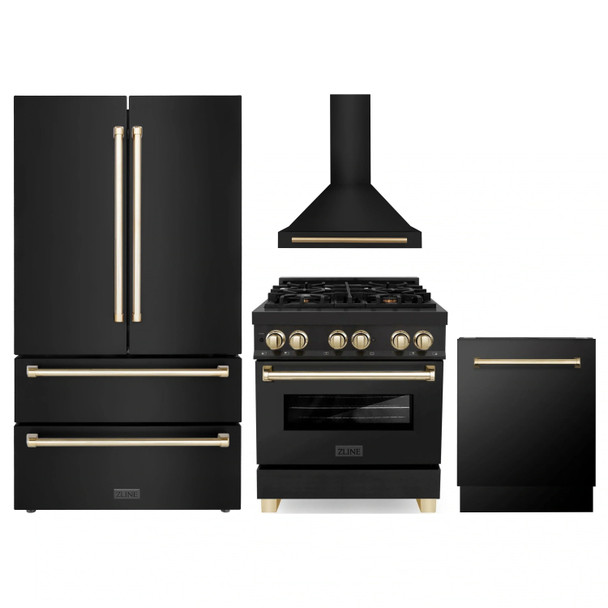 ZLINE 4-Piece Appliance Package - 30-Inch Legacy Dual Fuel Range, Wall Mount Range Hood, 36-Inch French Door Refrigerator, Dishwasher, in Black Stainless Steel with Gold Accents
