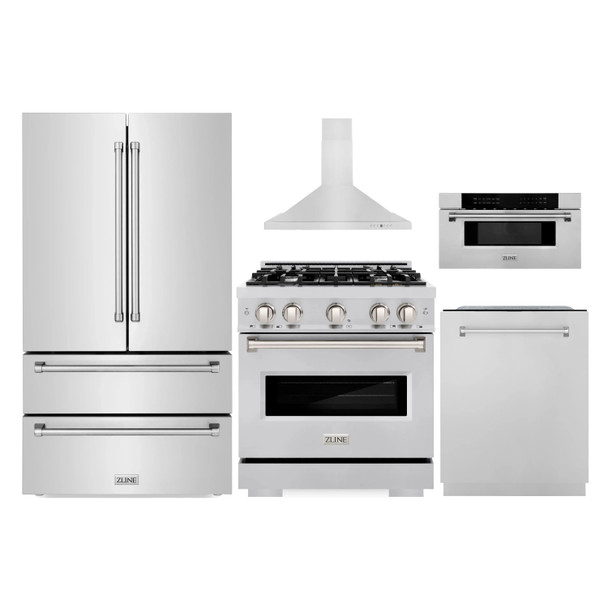 ZLINE 5-Piece Appliance Package - 30-Inch Classic Gas Range, Wall Mount Range Hood, 36-Inch French Door Refrigerator, Dishwasher, and 30-Inch Microwave Drawer in Stainless Steel