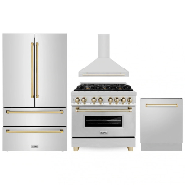 ZLINE 4-Piece Appliance Package - 36-Inch Legacy Autograph Dual Fuel Range, Wall Mount Range Hood, 36-Inch French Door Refrigerator, Dishwasher, in Stainless Steel with Gold Accents