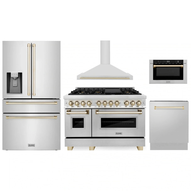 ZLINE 5-Piece Appliance Package - 48-Inch Legacy Autograph Dual Fuel Range, Wall Mount Range Hood, 36-Inch French Door Refrigerator with Water Dispenser, Dishwasher, and 24-Inch Microwave Drawer in Stainless Steel with Gold Accents