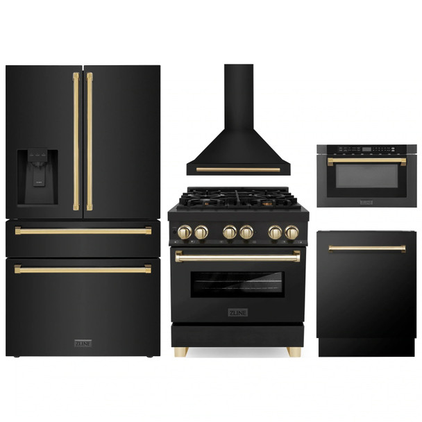 ZLINE 5-Piece Appliance Package - 30-Inch Legacy Dual Fuel Range, Wall Mount Range Hood, 36-Inch French Door Refrigerator with Water Dispenser, Dishwasher, and 24-Inch Microwave Drawer in Black Stainless Steel with Gold Accents