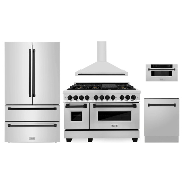ZLINE 5-Piece Appliance Package - 48-Inch Legacy Autograph Dual Fuel Range, Wall Mount Range Hood, 36-Inch French Door Refrigerator, Dishwasher, and 30-Inch Microwave Drawer in Stainless Steel with Matte Black Accents