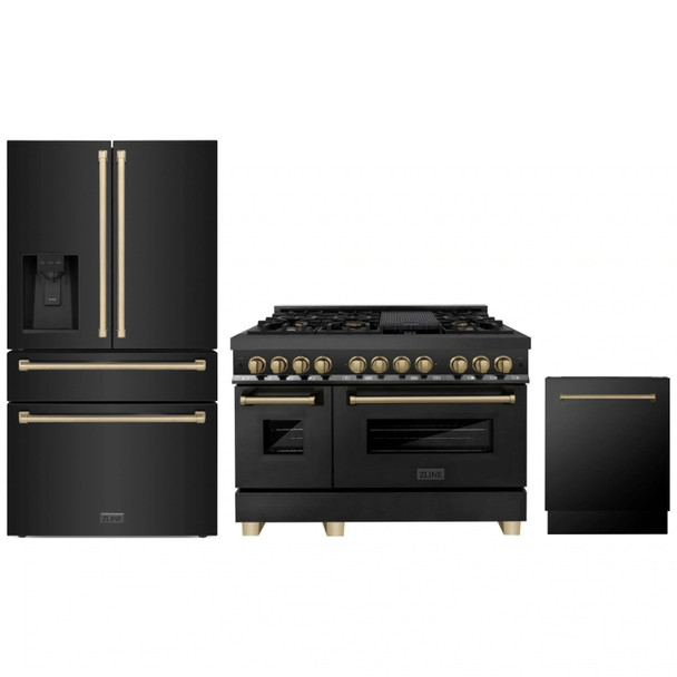 ZLINE 3-Piece Appliance Package - 48-Inch Legacy Dual Fuel Range, 36-Inch French Door Refrigerator with Water Dispenser, Dishwasher, in Black Stainless Steel with Champagne Bronze Accents