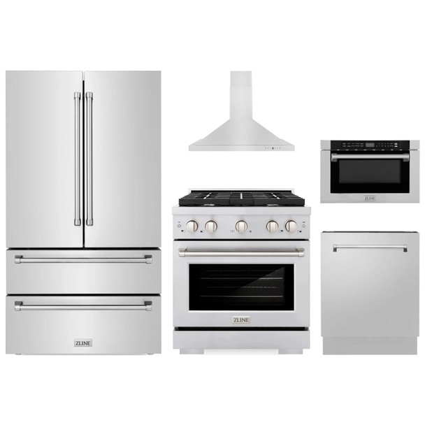 ZLINE 5-Piece Appliance Package - 30-Inch Paramount Gas Range, Wall Mount Range Hood, 36-Inch French Door Refrigerator, Dishwasher, and 24-Inch Microwave Drawer in Stainless Steel