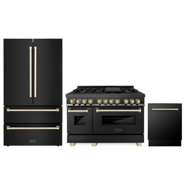 ZLINE 3-Piece Appliance Package - 48-Inch Legacy Dual Fuel Range, 36-Inch French Door Refrigerator, Dishwasher, in Black Stainless Steel with Gold Accents