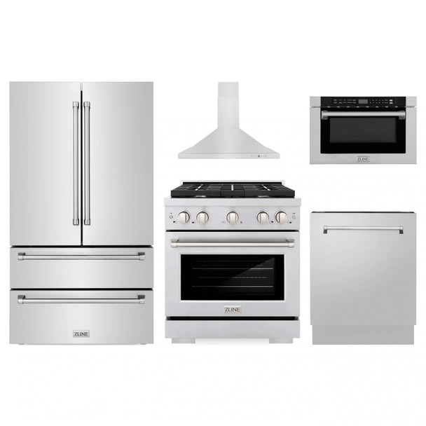 ZLINE 5-Piece Appliance Package - 30-Inch Paramount Dual Fuel Range, Wall Mount Range Hood, 36-Inch French Door Refrigerator, Dishwasher, and 24-Inch Microwave Drawer in Stainless Steel