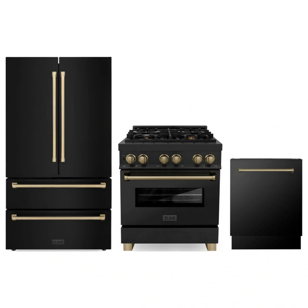ZLINE 3-Piece Appliance Package - 30-Inch Legacy Dual Fuel Range, 36-Inch French Door Refrigerator, Dishwasher, in Black Stainless Steel with Champagne Bronze Accents