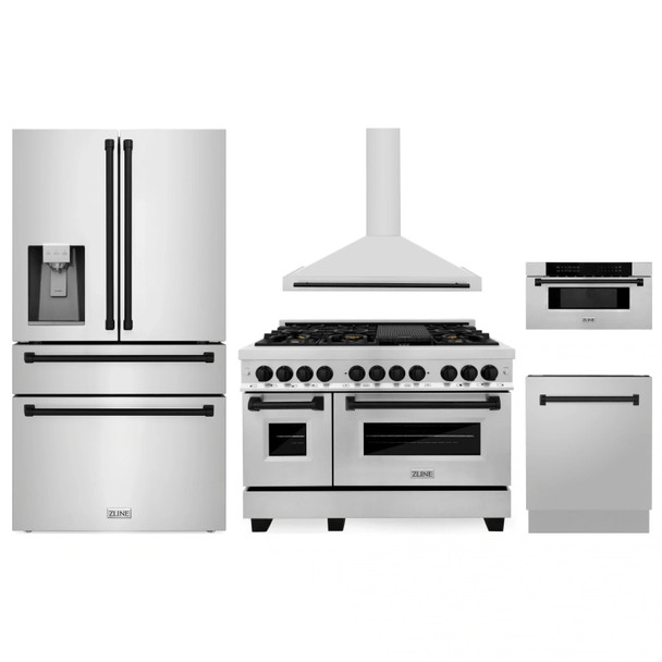 ZLINE 5-Piece Appliance Package - 48-Inch Legacy Autograph Dual Fuel Range, Wall Mount Range Hood, 36-Inch French Door Refrigerator with Water Dispenser, Dishwasher, and 30-Inch Microwave Drawer in Stainless Steel with Matte Black Accents