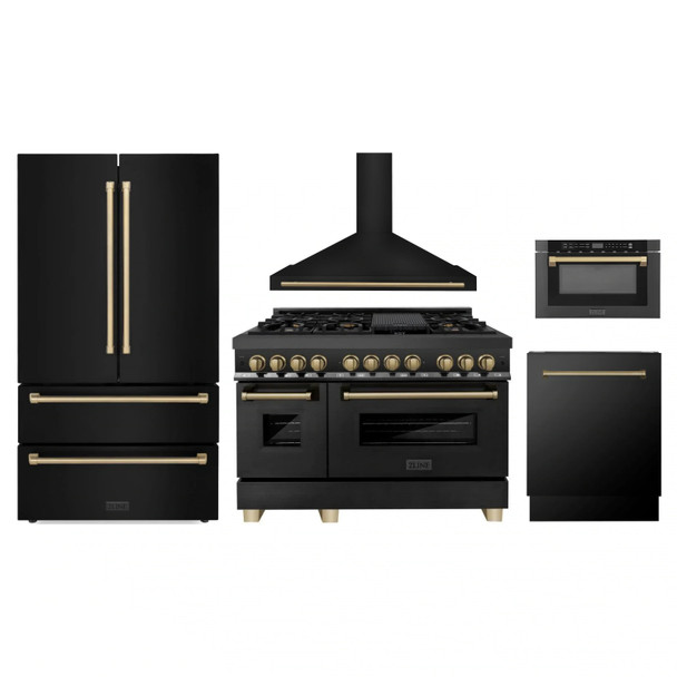 ZLINE 5-Piece Appliance Package - 48-Inch Legacy Dual Fuel Range, Wall Mount Range Hood, 36-Inch French Door Refrigerator, Dishwasher, and 24-Inch Microwave Drawer in Black Stainless Steel with Champagne Bronze Accents