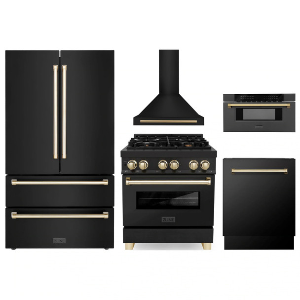 ZLINE 5-Piece Appliance Package - 30-Inch Legacy Dual Fuel Range, Wall Mount Range Hood, 36-Inch French Door Refrigerator, Dishwasher, and 30-Inch Microwave Drawer in Black Stainless Steel with Gold Accents