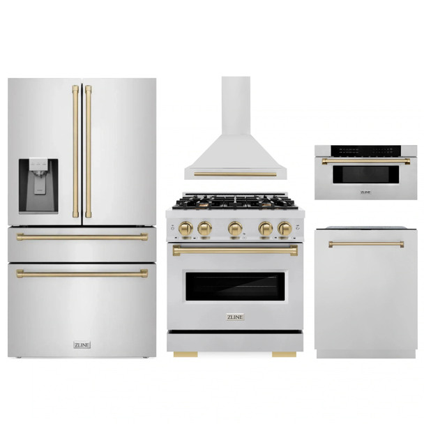 ZLINE 5-Piece Appliance Package - 30-Inch Autograph Edition Gas Range, Wall Mount Range Hood, 36-Inch French Door Refrigerator with Water Dispenser, Dishwasher, and 30-Inch Microwave Drawer in Stainless Steel with Champagne Bronze Accents
