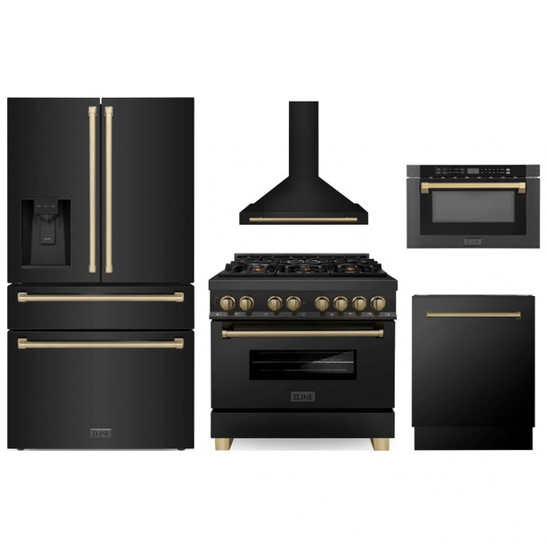 ZLINE 5-Piece Appliance Package - 36-Inch Legacy Dual Fuel Range, Wall Mount Range Hood, 36-Inch French Door Refrigerator with Water Dispenser, Dishwasher, and 24-Inch Microwave Drawer in Black Stainless Steel with Champagne Bronze Accents