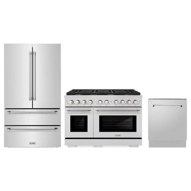 ZLINE 3-Piece Appliance Package - 48-Inch Paramount Dual Fuel Range, 36-Inch French Door Refrigerator, Dishwasher, in Stainless Steel