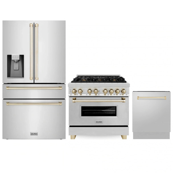 ZLINE 3-Piece Appliance Package - 36-Inch Legacy Autograph Dual Fuel Range, 36-Inch French Door Refrigerator with Water Dispenser, Dishwasher, in Stainless Steel with Gold Accents