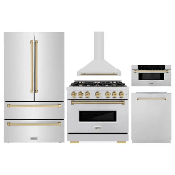 ZLINE 5-Piece Appliance Package - 36-Inch Autograph Edition Dual Fuel Range, Wall Mount Range Hood, 36-Inch French Door Refrigerator, Dishwasher, and 30-Inch Microwave Drawer in Stainless Steel with Champagne Bronze Accents