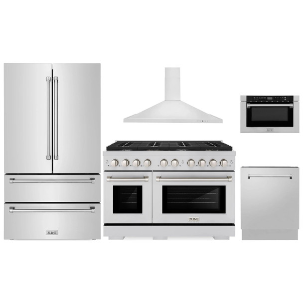 ZLINE 5-Piece Appliance Package - 48-Inch Paramount Dual Fuel Range, Wall Mount Range Hood, 36-Inch French Door Refrigerator, Dishwasher, and 24-Inch Microwave Drawer in Stainless Steel