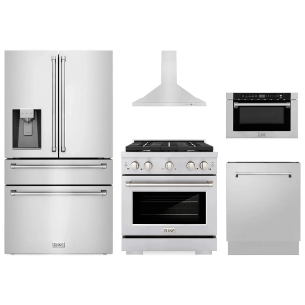 ZLINE 5-Piece Appliance Package - 30-Inch Paramount Gas Range, Wall Mount Range Hood, 36-Inch French Door Refrigerator with Water Dispenser, Dishwasher, and 24-Inch Microwave Drawer in Stainless Steel