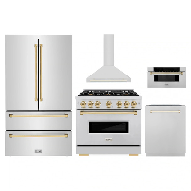 ZLINE 5-Piece Appliance Package - 36-Inch Autograph Edition Gas Range, Wall Mount Range Hood, 36-Inch French Door Refrigerator, Dishwasher, and 30-Inch Microwave Drawer in Stainless Steel with Gold Accents