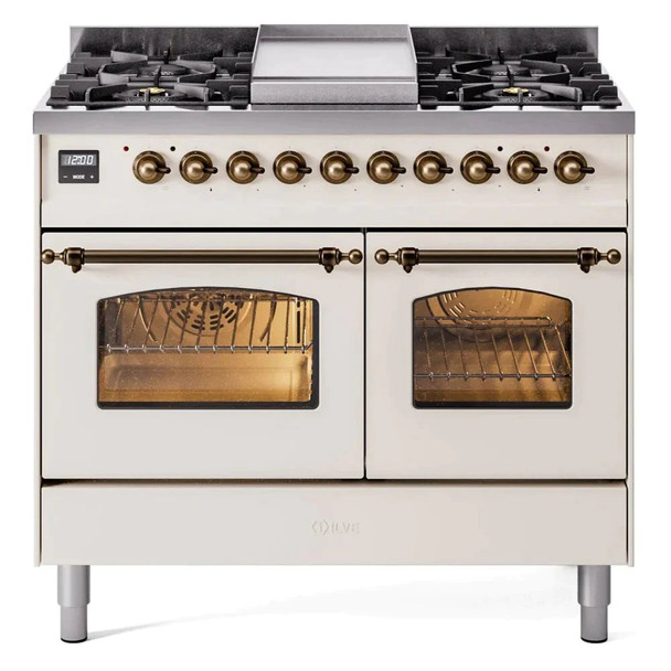 ILVE 40" Nostalgie II Series Freestanding Double Oven Dual Fuel Range with 6 Sealed Burners and Griddle - UPD40FNMP