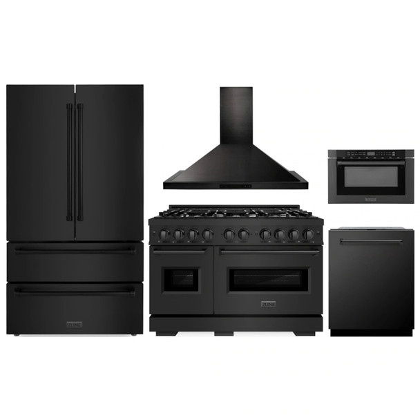 ZLINE 5-Piece Appliance Package - 48-Inch Gas Range, Hood, Refrigerator, Dishwasher, and Microwave Drawer in Black Stainless Steel