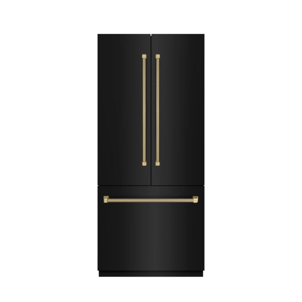 ZLINE Autograph 36-Inch Black Stainless Steel French Door Fridge w/ Stainless Interior & Bronze Helix Handles (SRBIVZ-BS36KCB)