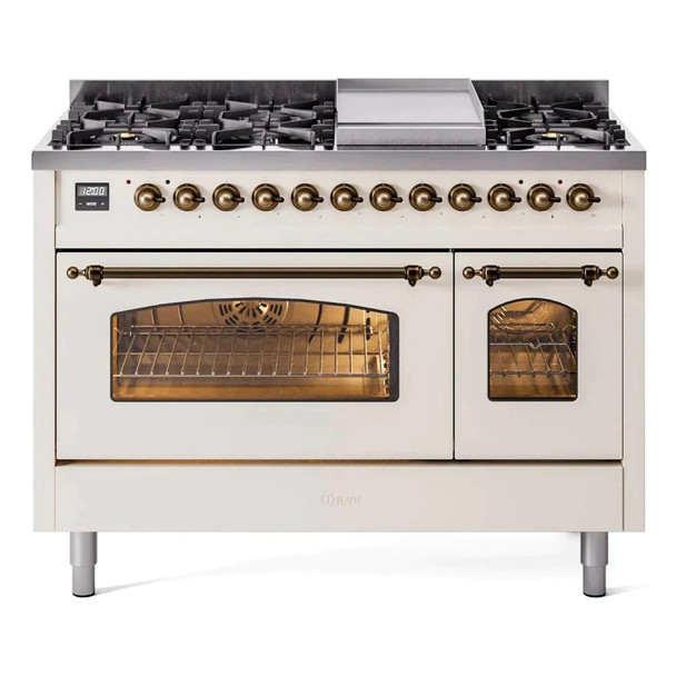 ILVE 48" Nostalgie II Series Freestanding Double Oven Dual Fuel Range with 8 Sealed Burners and Griddle - UP48FNMP